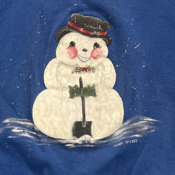 Vintage Snowman Sweatshirt SZ Large Blue Painted Christmas Holiday Sweater - Picture 3 of 12